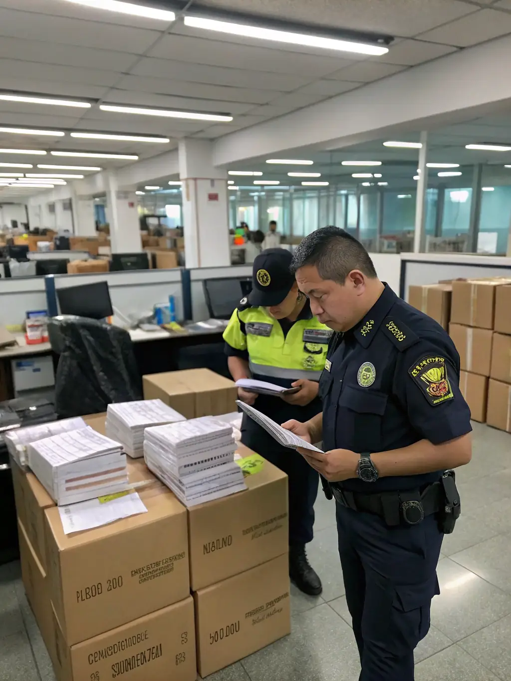 A professional image depicting customs agents at work with documents and computers, with the flags of different countries in the background, illustrating Global Route PL's customs clearance service.