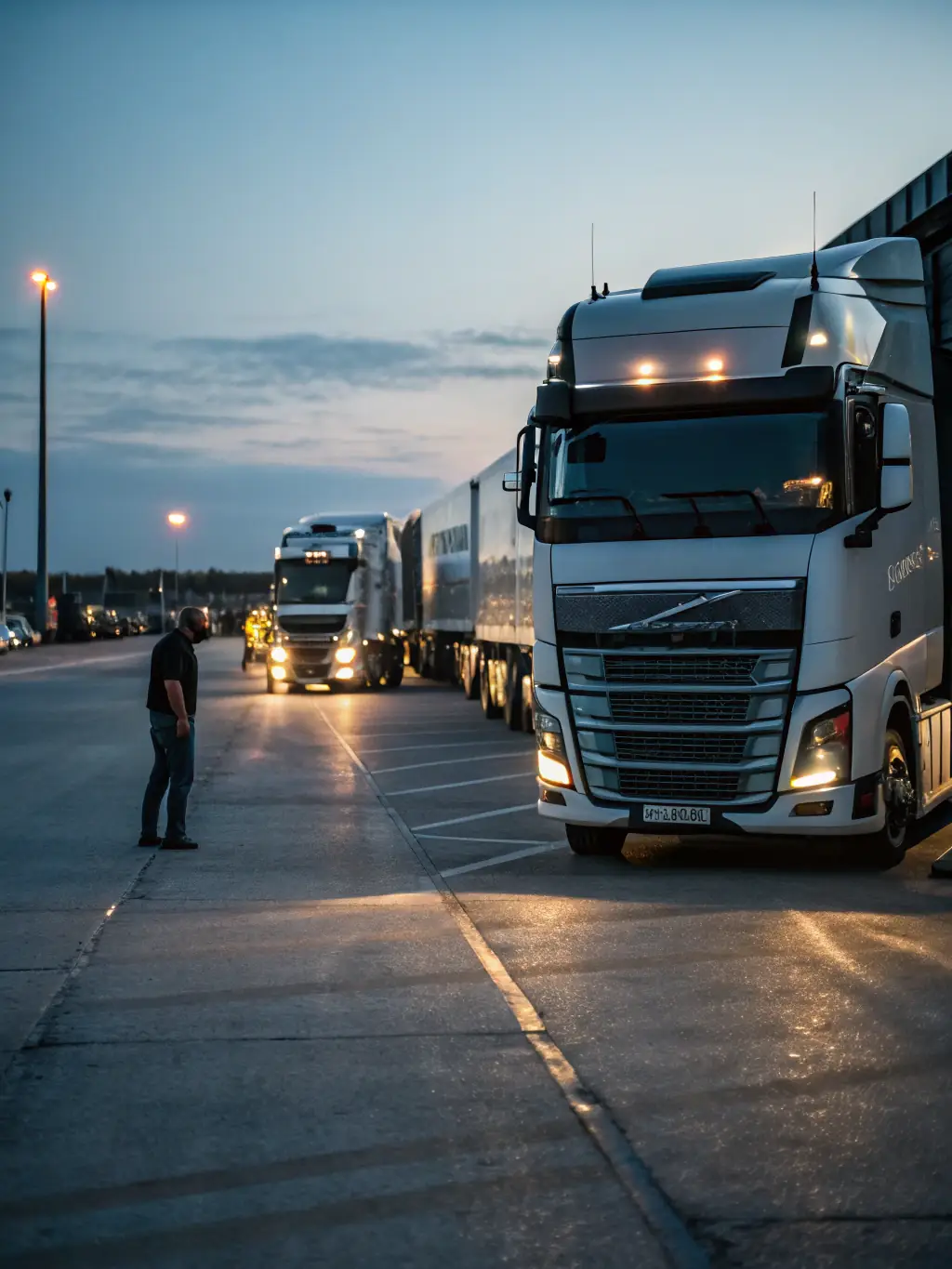 A dynamic image featuring modern trucks on a highway, with a focus on the secure loading and unloading of goods, representing Global Route PL's full truckload (FTL) transport service.