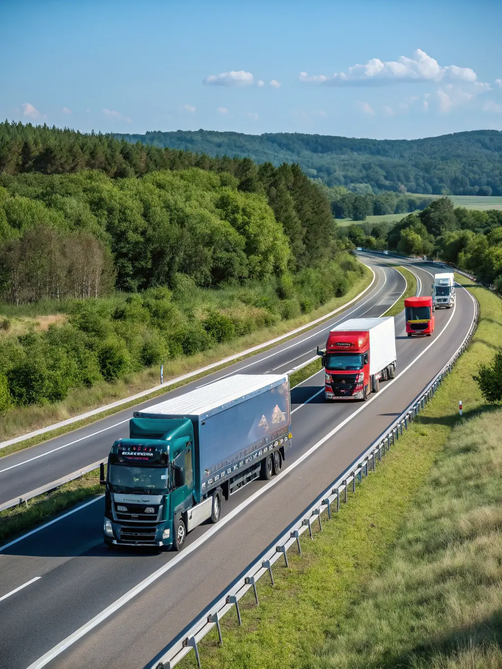 A modern, navy blue Global Route PL truck with a full load, driving on a highway during a sunny day. The image should convey reliability and efficiency.