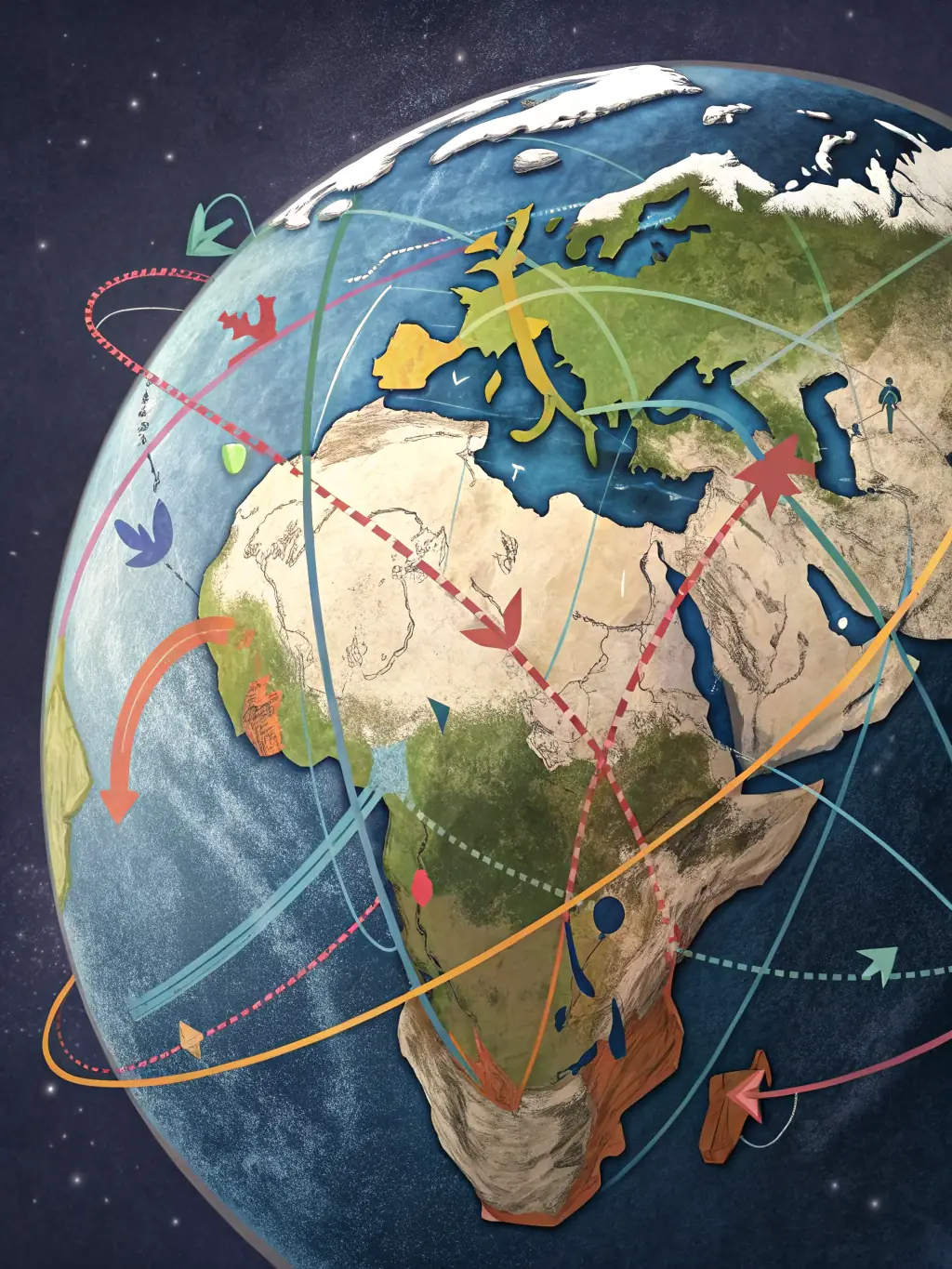 A vibrant image showcasing a world map with highlighted international shipping routes, airplanes taking off, and cargo containers being loaded onto ships, symbolizing Global Route PL's international forwarding service.