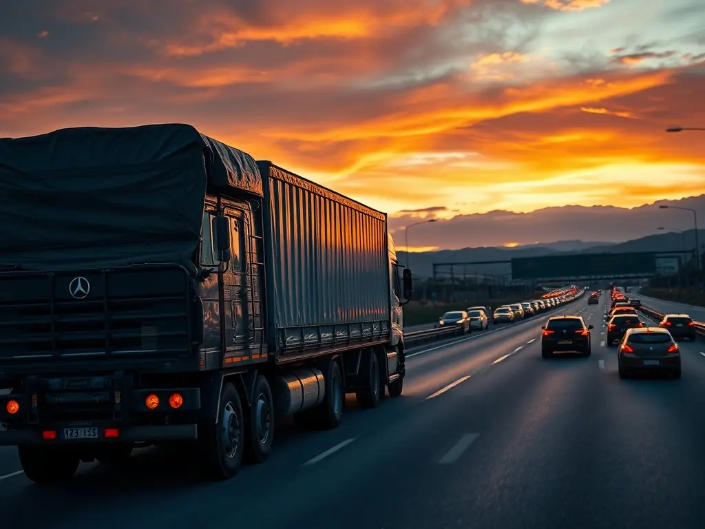 A modern truck driving on a highway during sunset, symbolizing the transport and logistics industry.