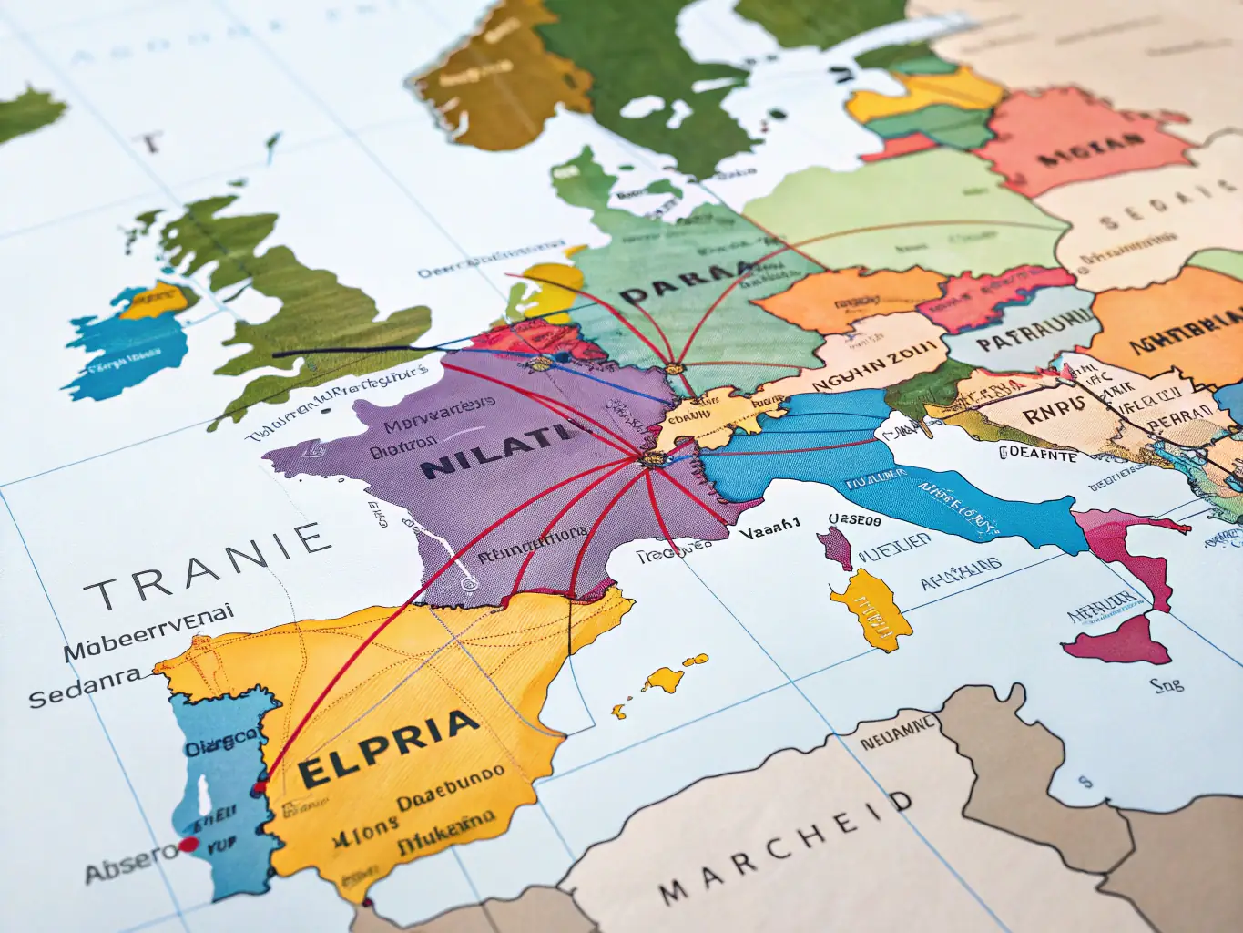A detailed image showing a map of Europe with highlighted areas representing key logistics hubs and transport routes, focusing on regions where Global Route PL operates extensively.