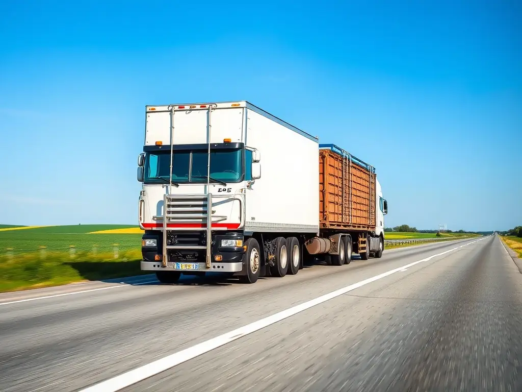 An image of a cargo truck with the Global Route PL logo, driving on a highway, symbolizing secure and insured transport.