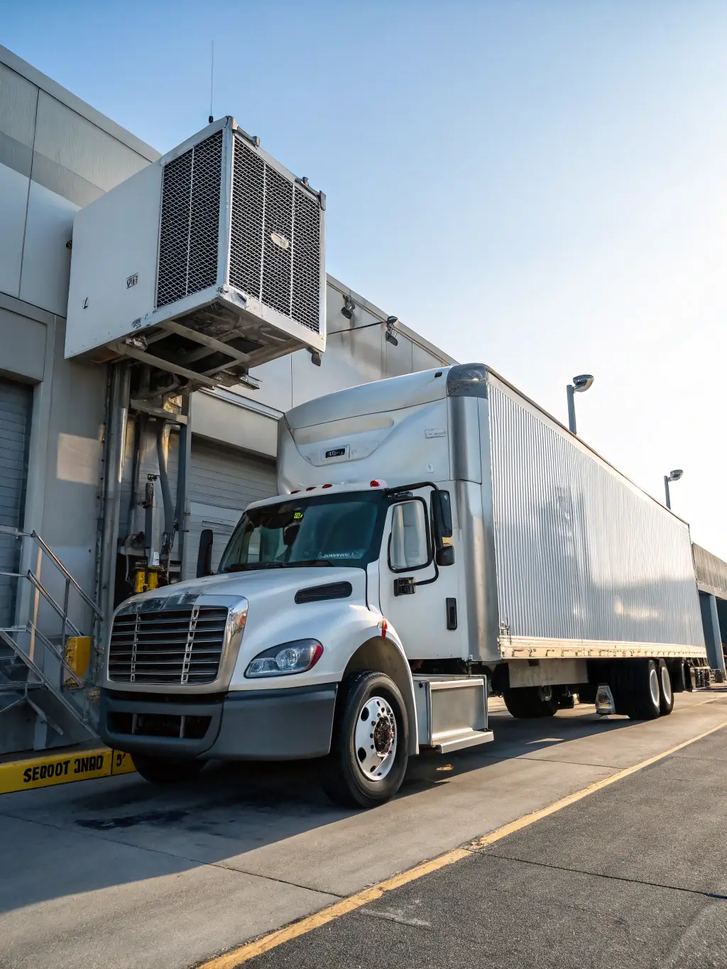 A specialized refrigerated truck with the Global Route PL logo, parked at a loading dock. The image should emphasize temperature control and cargo protection.