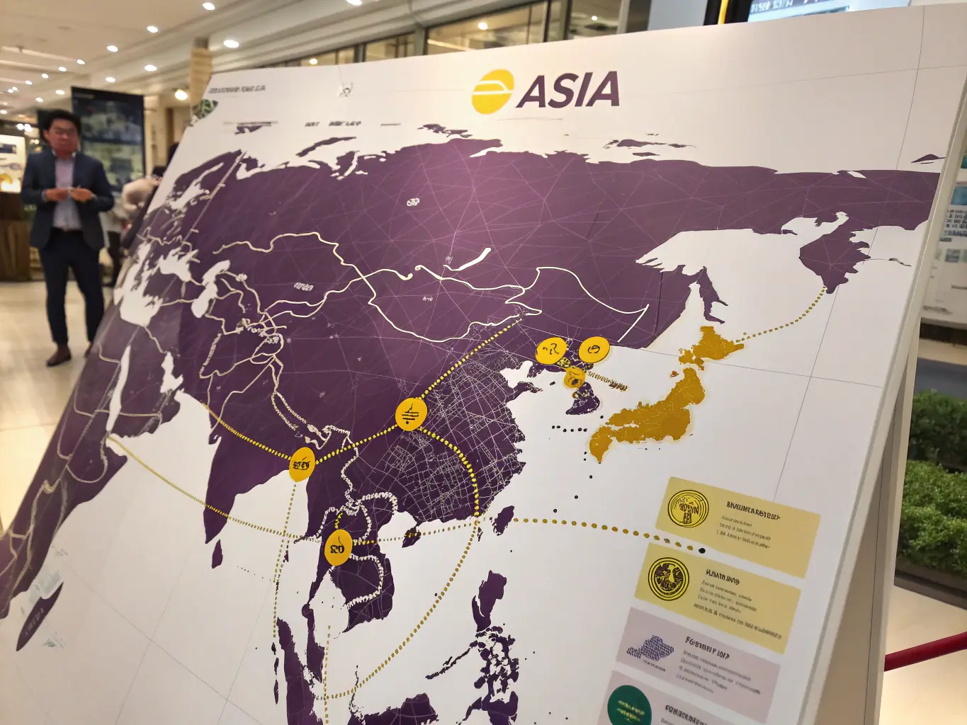 A detailed image showing a map of Asia with highlighted areas representing key logistics hubs and transport routes, focusing on regions where Global Route PL operates extensively.
