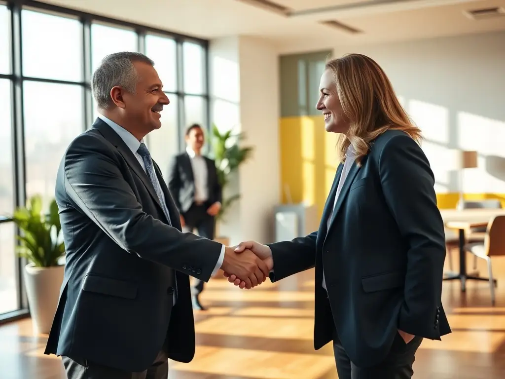 A professional photo of a logistics manager shaking hands with a client in a modern office setting, symbolizing trust and partnership.